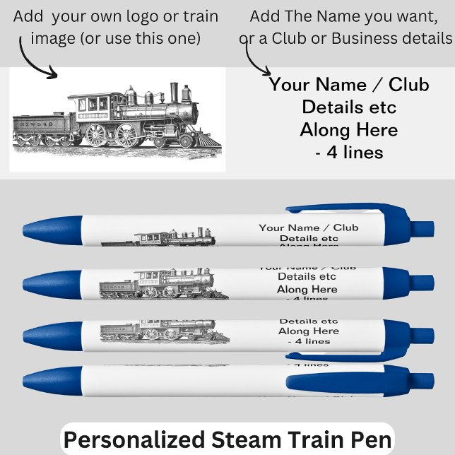 Stylo Bleu Votre nom Club Business Logo Image etc Steam Train (Créateur téléchargé)