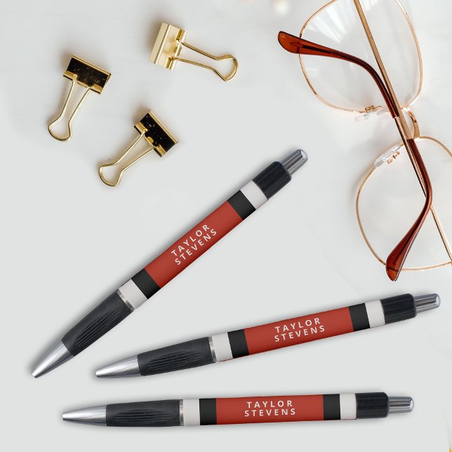 Stylo Bloc de couleur rouge simple avec nom (Personalize this custom pen design with your name.)