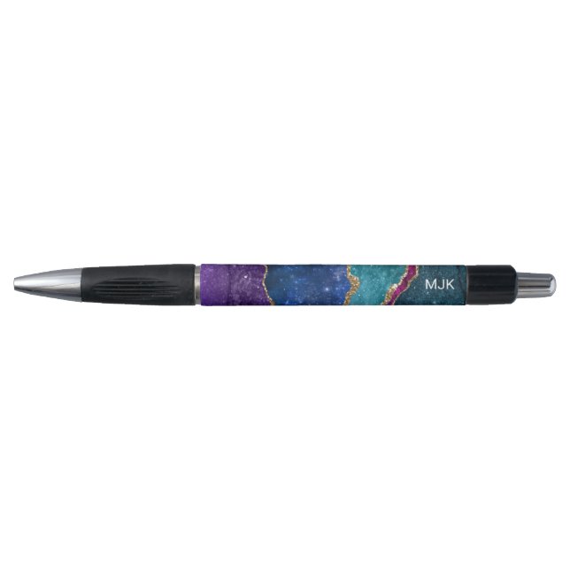 Stylo Blue Purple Aqua Gold Veines Agate Monogramme (Devant)