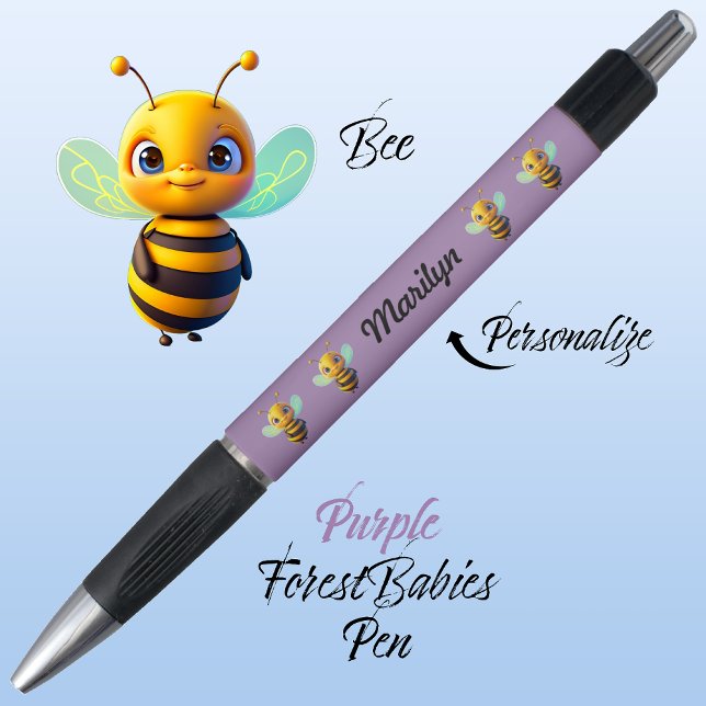 Stylo Bumble Bee, Jolie Unique Whimsical Honey Bee Purpl (Cute Whimsical Bee Cartoon Graphic, Purple Personalizable ForestBabies Pen 🐝)