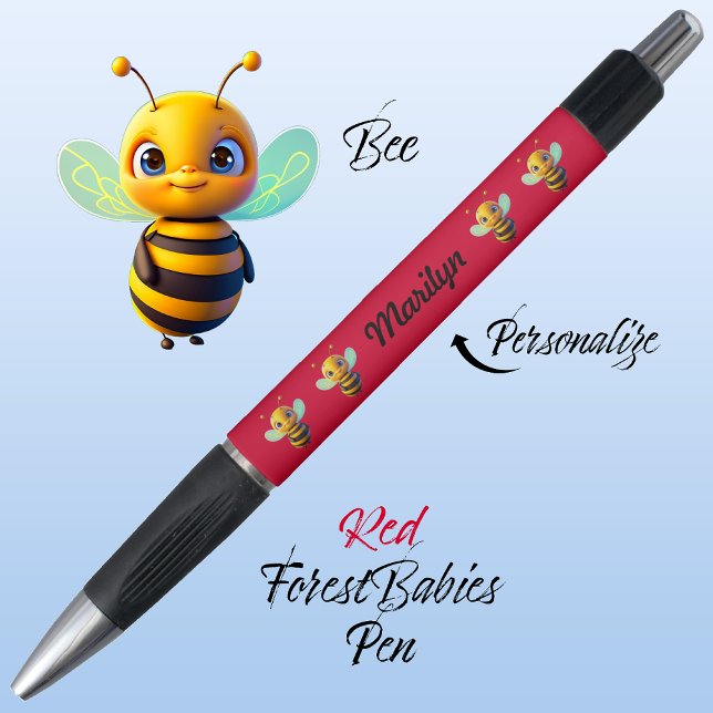 Stylo Bumblebee, Fun Kids Honey bee Cartoon rouge vibran (Cute Whimsical Bee Cartoon Graphic, Red Personalizable ForestBabies Pen 🐝)