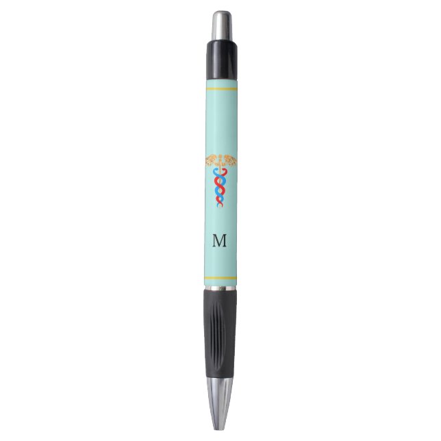 Stylo Caducée et monogramme sur fond bleu clair (Devant (Vertical))