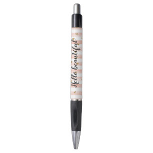 Stylo Coeurs dorés à rayures roses