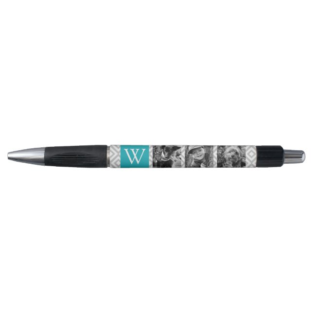 Stylo Collage turquoise de monogramme et de photo (Devant)