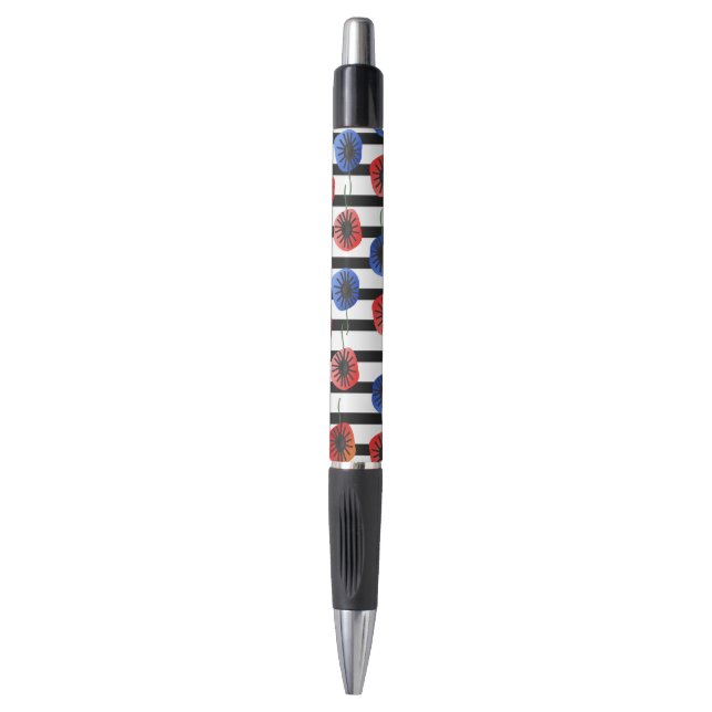 Stylo Coquelicots bleus rouges et rayures (Devant (Vertical))
