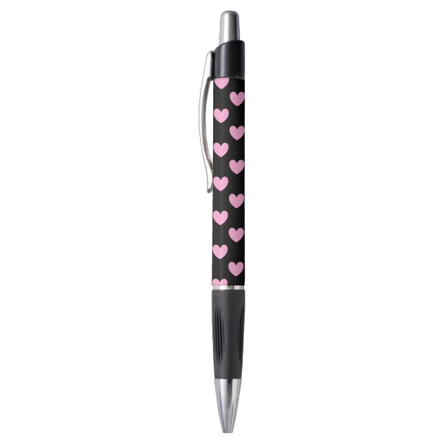 Stylo Coton Candy Pink coeurs de polka sur noir (Haut (Vertical))