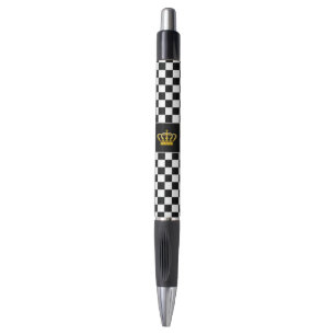 Stylo Couronne dorée sur motif d'échiquier noir et blanc