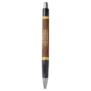 Stylo Cuir Brun Luxe & Monogramme Nom Feuille D'Or
