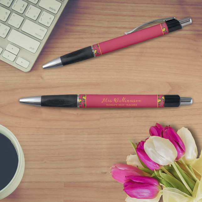 Stylo d'enseignant floral moderne brillant (Bright Modern Floral Teacher's Pen. Say thank you with this personalised gift.)