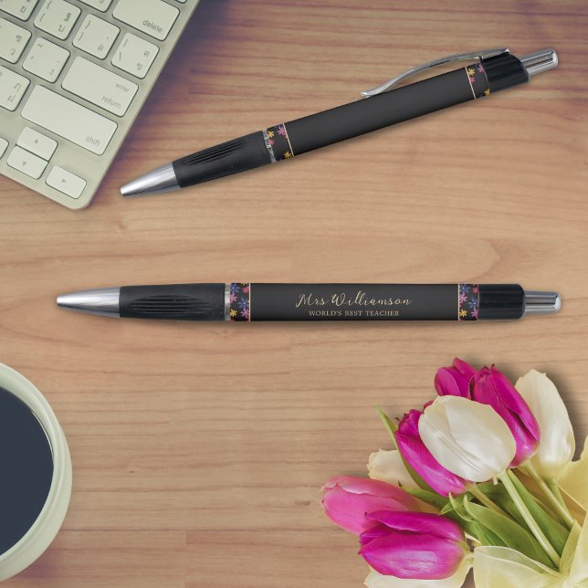 Stylo d'enseignant floral moderne brillant (Bright Modern Floral Teacher's Pen. Say thank you with this personalised gift.)