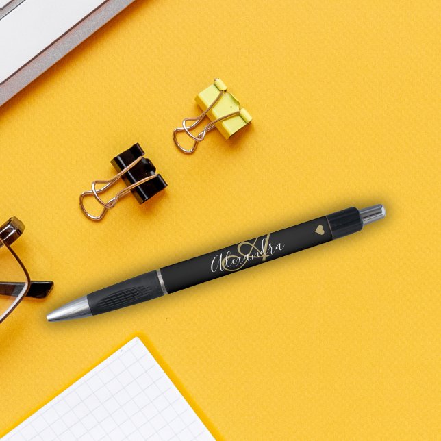 Stylo Élégant Black Gold Heart Nom du script Monogram Bl (Créateur téléchargé)