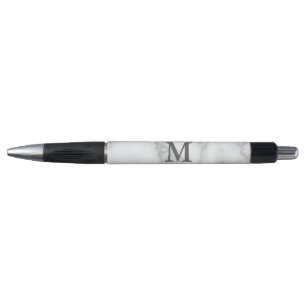 Stylo Elégant Faux Marbre blanc Grey Nom et Monogramme