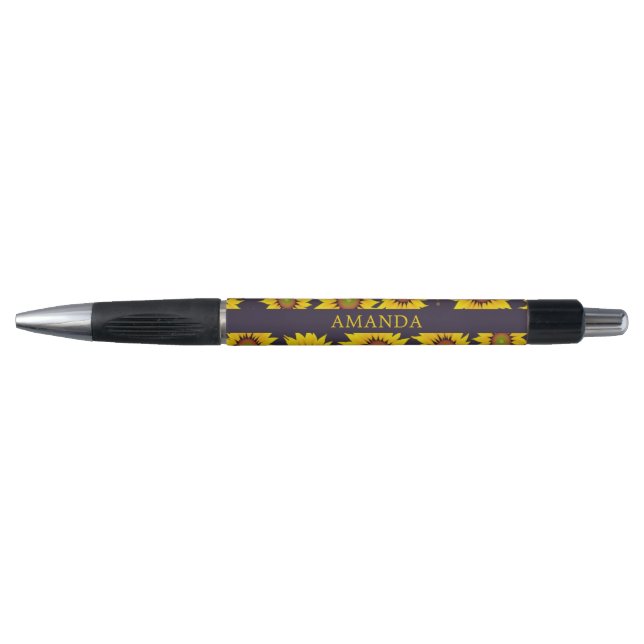 Stylo Élégant Jaune Nom personnalisé Motif de tournesol (Devant)