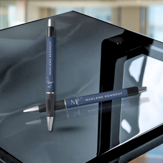 Stylo Élégant Monogramme Argent Marine Logo bleu (Créateur téléchargé)