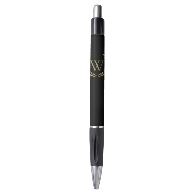 Stylo Élégant monogramme de couronne de laurier d'or noi (Devant (Vertical))