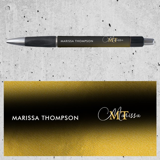 Stylo Élégant Monogramme de Nom en Script avec Dégradé d (Elegant Black Gold Gradient Monogram Script Name Pen)