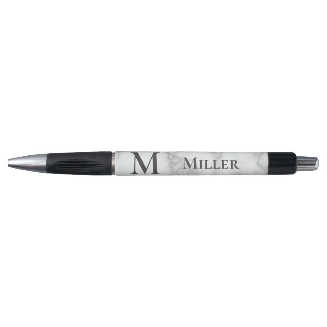 Stylo Élégant monogramme initial en faux marbre blanc (Devant)