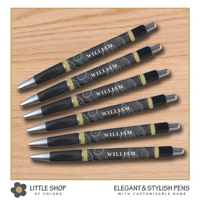 Stylo Élégant monogramme paisley noir et or (Créateur téléchargé)
