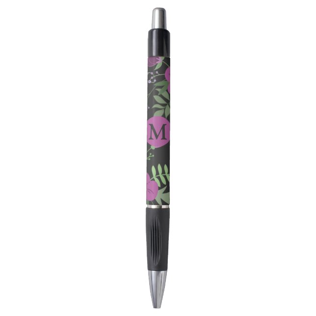 Stylo Élégante Fleurs violettes Art sur Monogramme noir (Devant (Vertical))