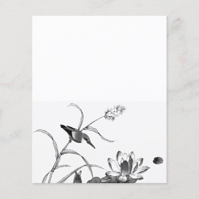 Stylo et encre Dessin Pond Lotus et Bird (Devant)