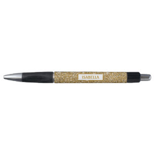 Stylo Faux Texture Pailletée Jaune Doré avec Nom