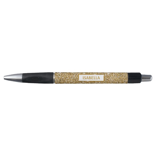 Stylo Faux Texture Pailletée Jaune Doré avec Nom (Devant)