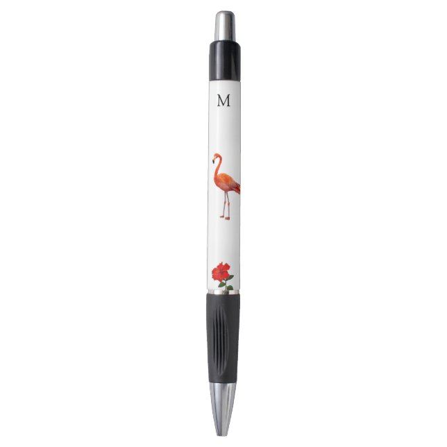 Stylo Flamant rose, fleur d'hibiscus rouge et monogramme (Devant (Vertical))