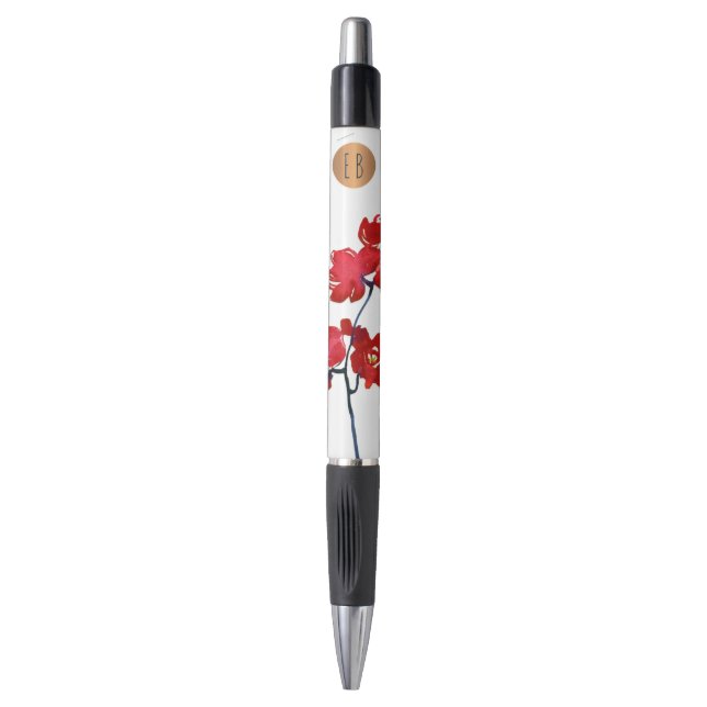 Stylo Fleur aquarelle rouge monogramme en cercle de cuiv (Devant (Vertical))