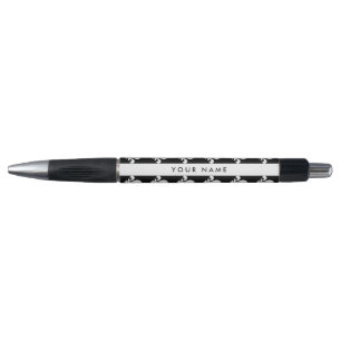 Stylo Fleur de Lis, Blanc sur Noir, Blanc, Votre Nom