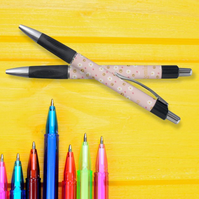 Stylo Fleur rose motif rétro coloré personnalisé (Pink flower Colorful retro pattern personalized Pen)