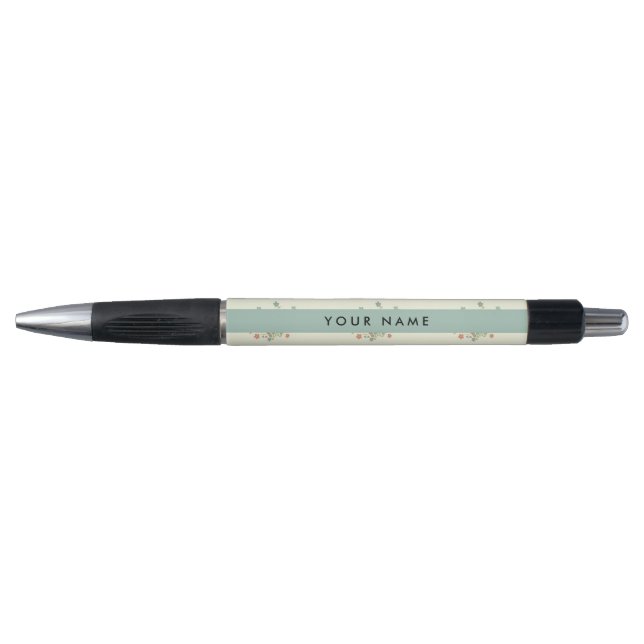Stylo Fleurs bleues et rouges, Bleu, Votre nom (Devant)