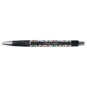 Stylo Fleurs Colorées, Fond Bleu, Noir