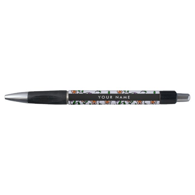 Stylo Fleurs Colorées, Fond Bleu, Noir (Devant)