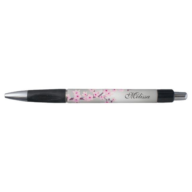 Stylo Fleurs de cerisier  Monogramme argent rose (Devant)