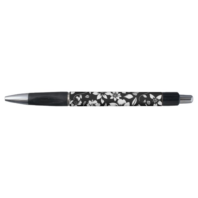 Stylo Fleurs de feuilles florales modernes noir blanc qu (Devant)