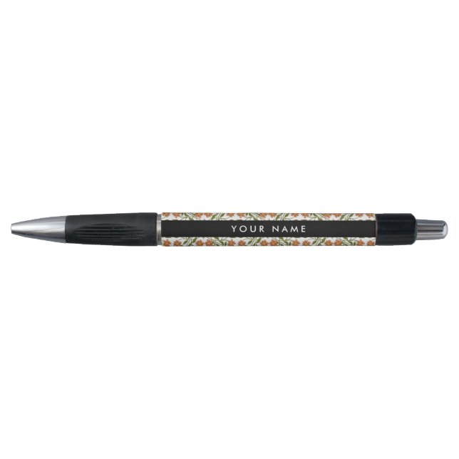 Stylo Fleurs oranges, motif floral, Boho, Votre Nom (Devant)