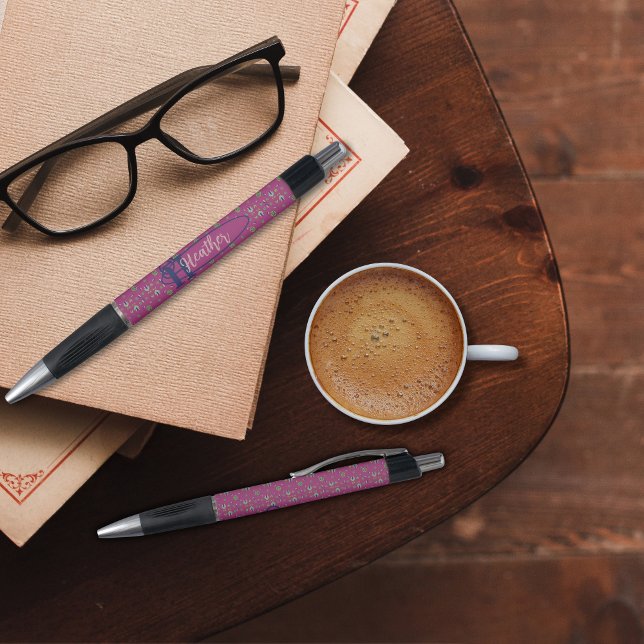 Stylo Floral vintage Inspiré (Elegant Vintage Inspired Deep Pink Floral Personalised pen.)