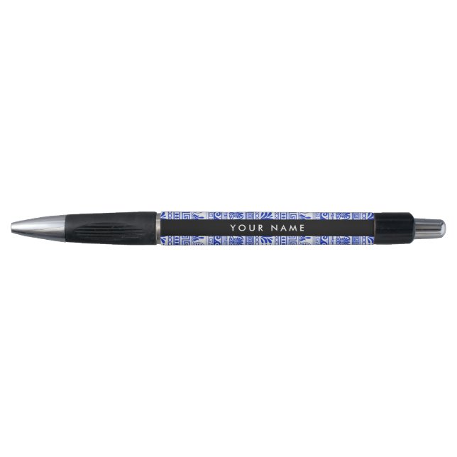 Stylo Fret grec, Clé de méandre mixte, Bleu, Votre Nom (Devant)
