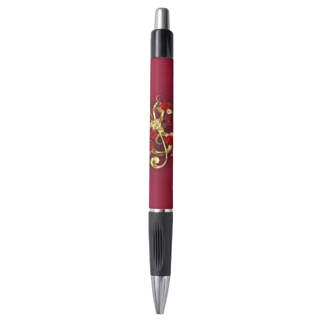 Stylo Golden Treble Clef avec fleurs Roses (Devant (Vertical))