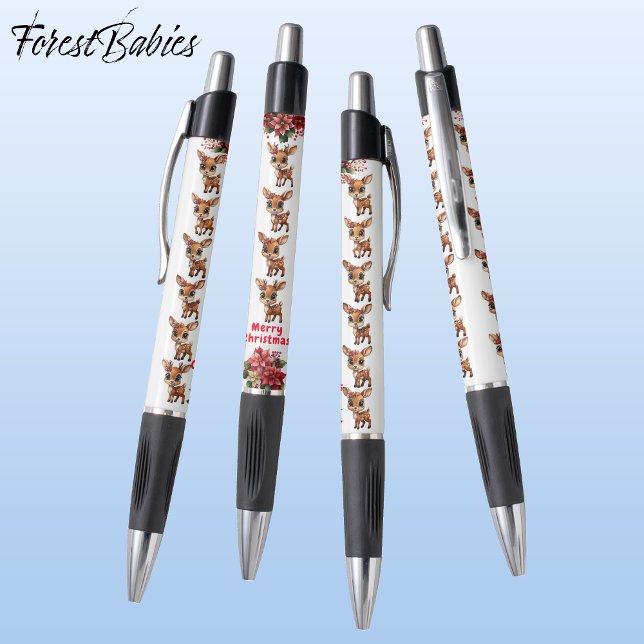 Stylo Graphisme de poinsettia de renne de Noël, blanc (Créateur téléchargé)