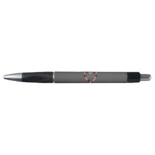 Stylo Gris avec un cœur floral rose et rouge