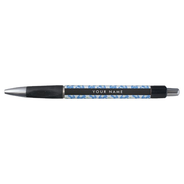 Stylo Hibiscus Bleu, Fleurs Bleues, Votre Nom (Devant)
