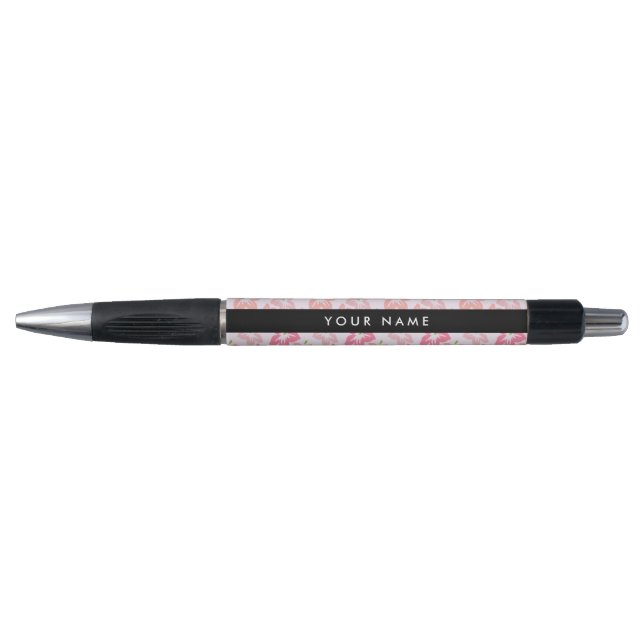 Stylo Hibiscus Rose, Fleurs Roses, Votre Nom (Devant)