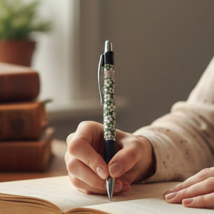 Stylo Initiales florales personnalisées de couleur sauge