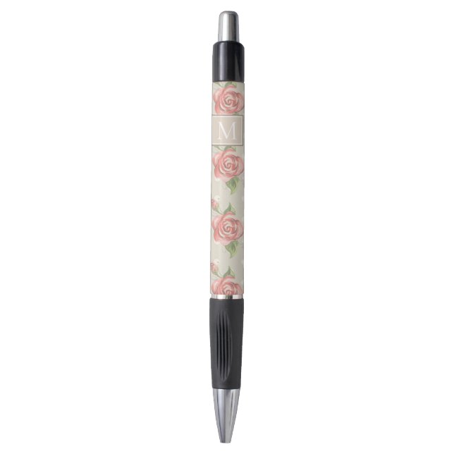 Stylo Joli monogramme de roses roses et de points (Devant (Vertical))