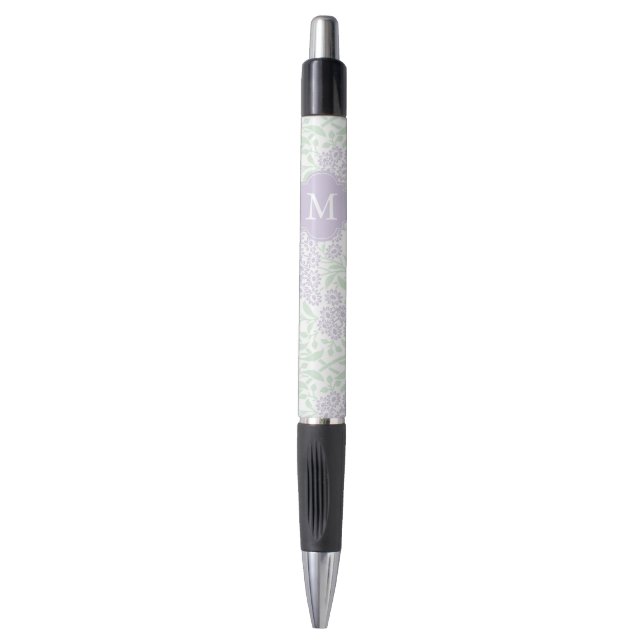 Stylo Lavande monogramme et Damas florales vertes (Devant (Vertical))