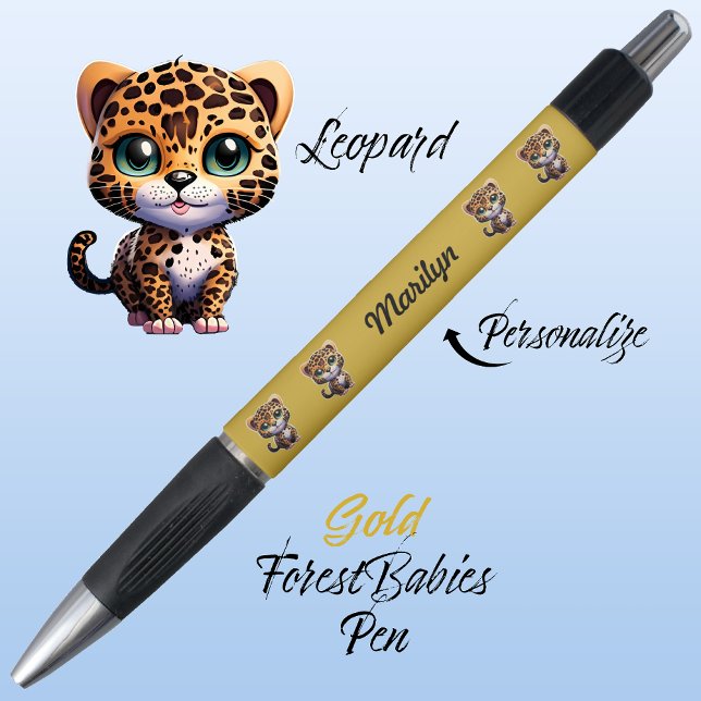 Stylo Léopard, Chat Whimsical Unique, Or Graphique (Cute Whimsical Leopard Cartoon Graphic, Gold Customizable ForestBabies Pen 🐆)