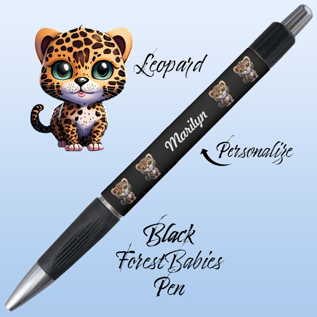 Stylo Leopard, mignon dessin unique de chats Whimsical (Cute Whimsical Leopard Cartoon Graphic, Black Customizable ForestBabies Pen 🐆)