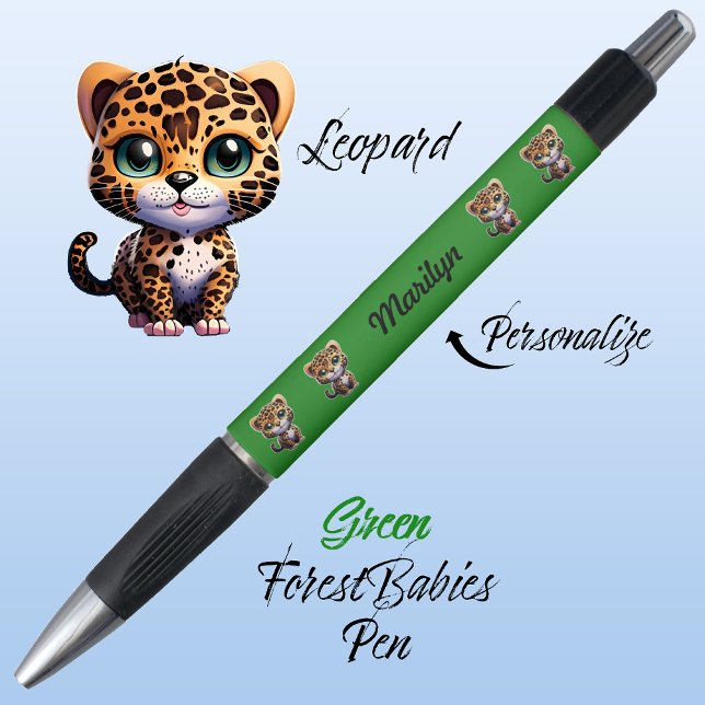 Stylo Leopard, mignonne unique Whimsical Kitty Chat Vert (Cute Whimsical Leopard Cartoon Graphic, Green Customizable ForestBabies Pen 🐆)