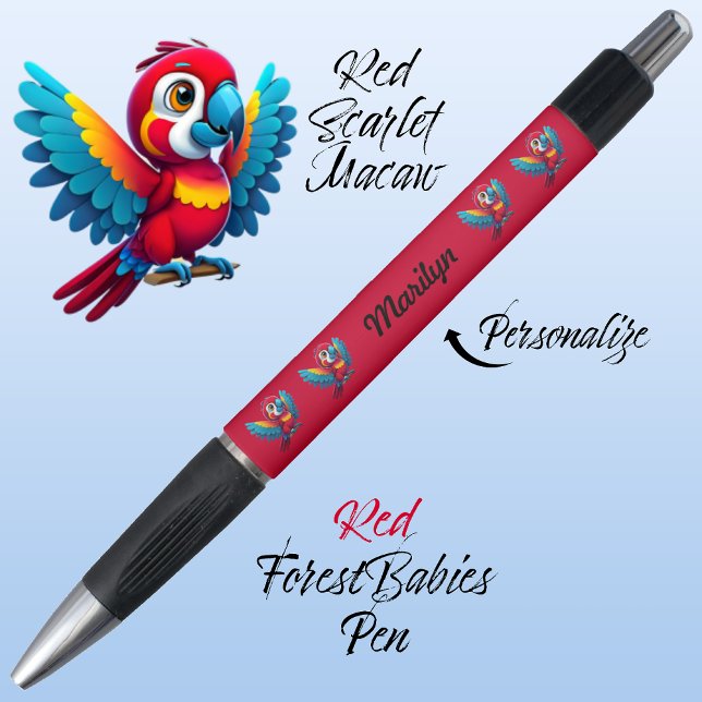 Stylo Macaw Parrot, Oiseau tropical Safari Animal Red 🦜 (Cute Whimsical Tropical Macaw Parrot Bird Cartoon Graphic, Red Customizable ForestBabies Pen 🐦🌴)
